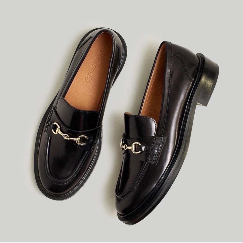 Madewell Black Leather Bit Loafers with Gold Hardware